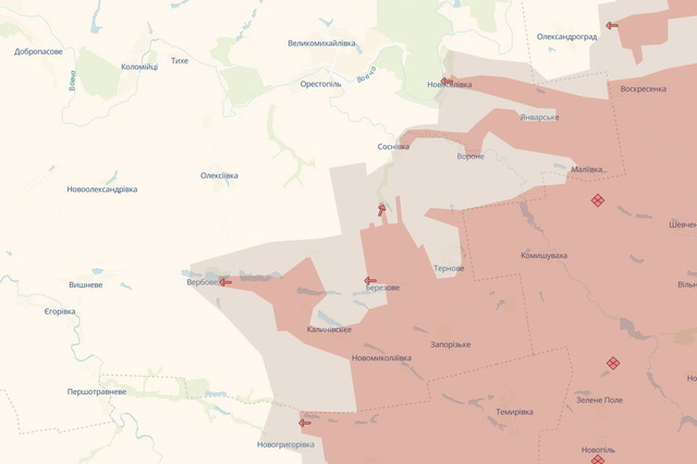 Карта DeepState на 1.10.2025 года. Россияне снимают пропагандистские постановки о «захвате» украинских сел на Днепропетровщине